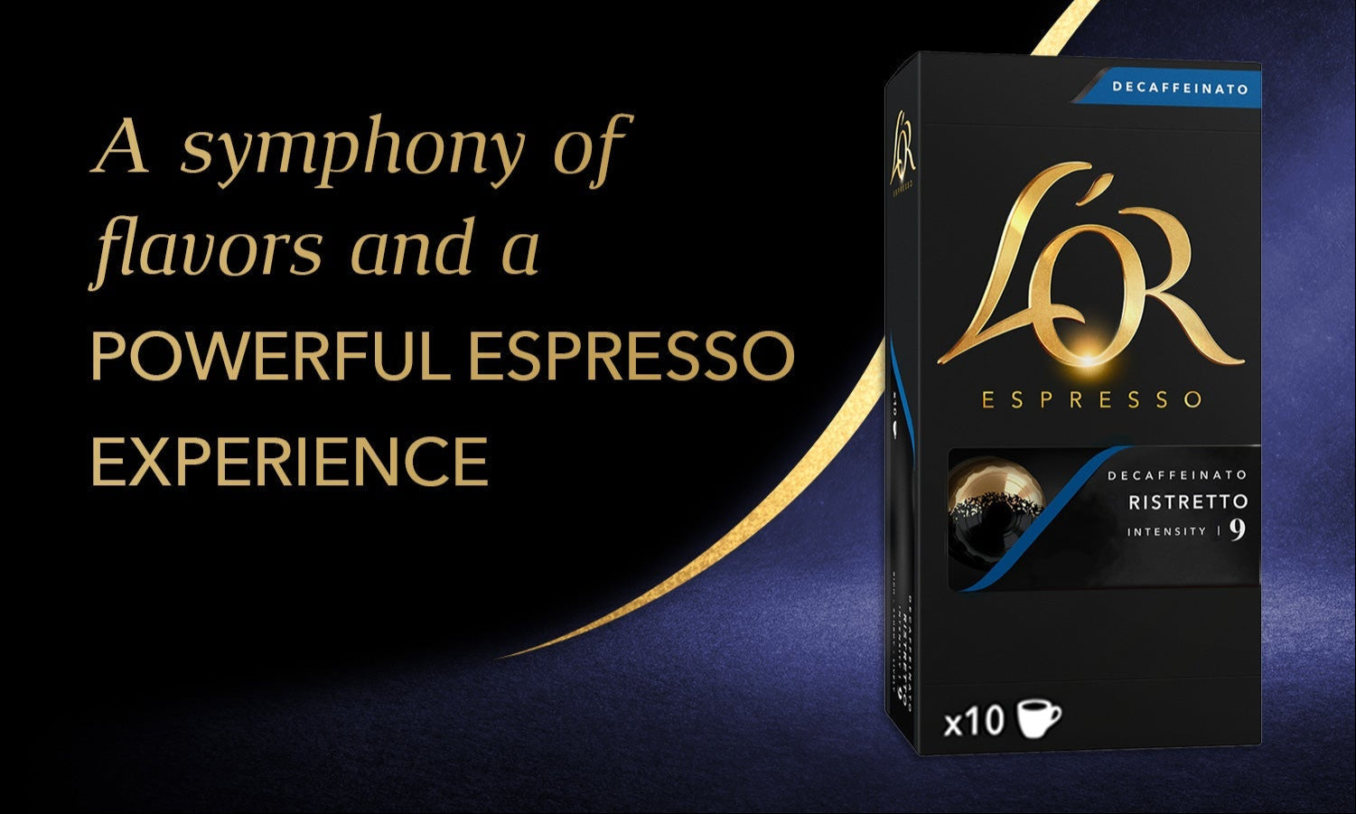 L'OR Espresso box with text on a dark background